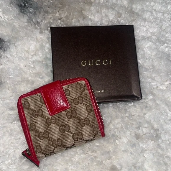 Gucci Canvas Logo Red Leather Trim Bifold Wallet - Picture 1 of 6
